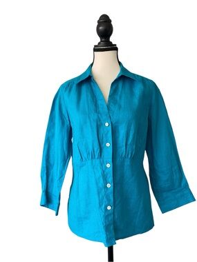 Talbots Turquoise Button-Down Linen Shirt Pure Irish Linen Size Small Petite